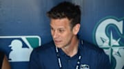 Seattle Mariners president of baseball operations Jerry DIpoto speaks before a game against the Boston Red Sox on Aug. 1, 2023, at T-Mobile Park.