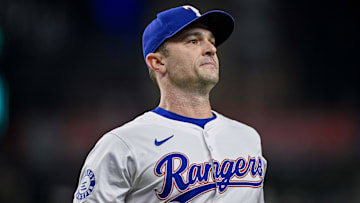 Sep 5, 2024; Arlington, Texas, USA; Texas Rangers relief pitcher David Robertson (37) comes off the field after he pitches against the Los Angeles Angels during the game at Globe Life Field.