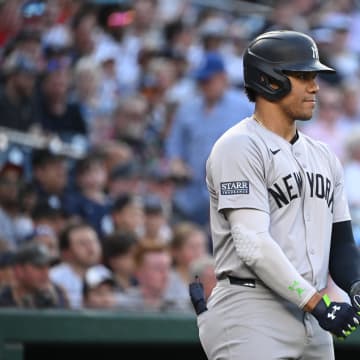 Aug 28, 2024; Washington, District of Columbia, USA; New York Yankees right fielder Juan Soto (22) prepares for an at bat against the Washington Nationals during the first inning at Nationals Park.