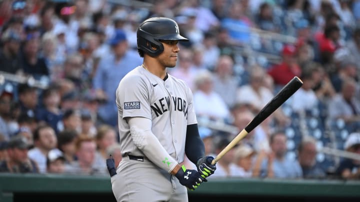 Aug 28, 2024; Washington, District of Columbia, USA; New York Yankees right fielder Juan Soto (22) prepares for an at bat against the Washington Nationals during the first inning at Nationals Park.