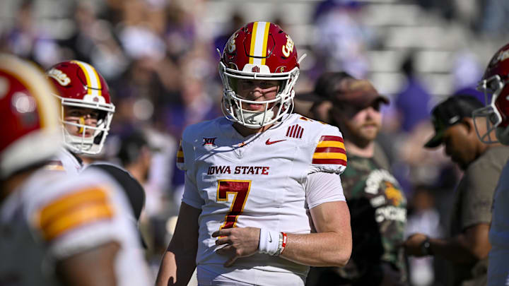 Nov 8, 2025; Fort Worth, Texas, USA; Iowa State Cyclones quarterback Alex Manske (7) looks on before the game against the TCU Horned Frogs at Amon G. Carter Stadium. Mandatory Credit: Jerome Miron-Imagn Images Nov 8, 2025; Fort Worth, Texas, USA; Iowa State Cyclones quarterback Alex Manske (7) looks on before the game against the TCU Horned Frogs at Amon G. Carter Stadium. Mandatory Credit: Jerome Miron-Imagn Images