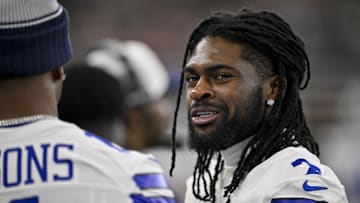 Aug 16, 2025; Arlington, Texas, USA; Dallas Cowboys cornerback Trevon Diggs (7) looks on before the game between the Dallas Cowboys and the Baltimore Ravens at AT&T Stadium. Mandatory Credit: Jerome Miron-Imagn Images