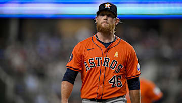 Sep 7, 2025; Arlington, Texas, USA; Houston Astros relief pitcher Craig Kimbrel (46) walks off the field during the game between the Texas Rangers and the Houston Astros at Globe Life Field. 