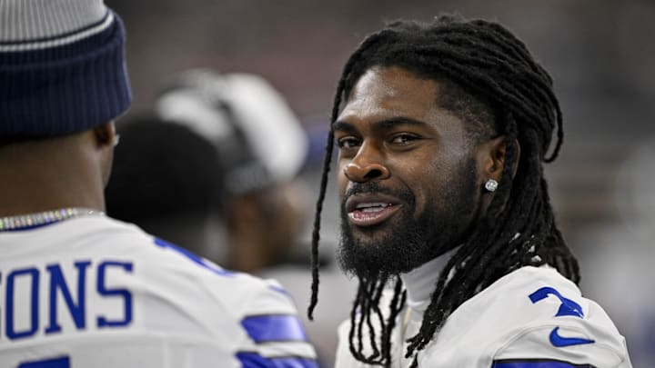 Aug 16, 2025; Arlington, Texas, USA; Dallas Cowboys cornerback Trevon Diggs (7) looks on before the game between the Dallas Cowboys and the Baltimore Ravens at AT&T Stadium. Mandatory Credit: Jerome Miron-Imagn Images