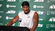 Jun 11, 2025; Florham Park, NY, USA; New York Jets running back Breece Hall (20) speaks at a press conference during minicamp at Atlantic Health Jets Training Center. Mandatory Credit: John Jones-Imagn Images