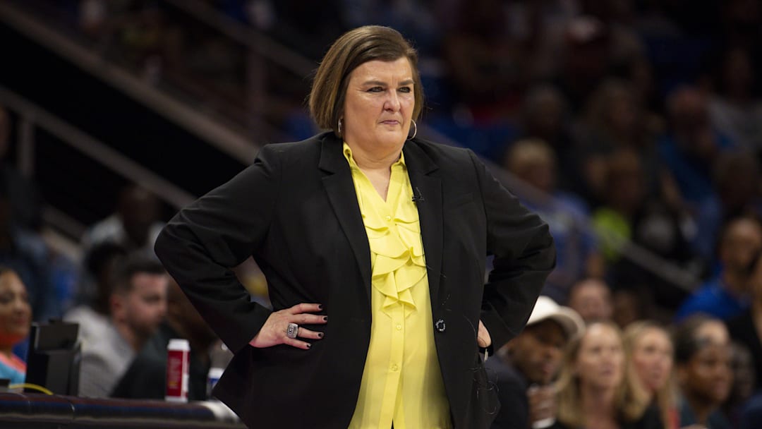 Sep 29, 2023; Arlington, Texas, USA; Dallas Wings head coach Latricia Trammell watches her team take on the Las Vegas Aces during the second half during game three of the 2023 WNBA Playoffs at College Park Center. Mandatory Credit: Jerome Miron-Imagn Images