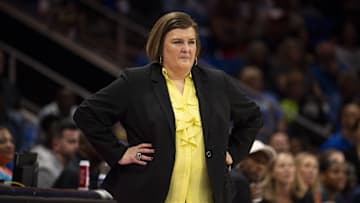 Sep 29, 2023; Arlington, Texas, USA; Dallas Wings head coach Latricia Trammell watches her team take on the Las Vegas Aces during the second half during game three of the 2023 WNBA Playoffs at College Park Center. Mandatory Credit: Jerome Miron-Imagn Images