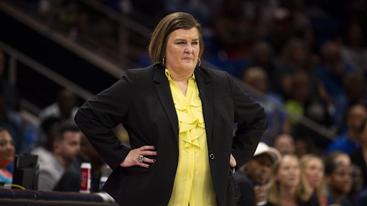 Sep 29, 2023; Arlington, Texas, USA; Dallas Wings head coach Latricia Trammell watches her team take on the Las Vegas Aces during the second half during game three of the 2023 WNBA Playoffs at College Park Center. Mandatory Credit: Jerome Miron-Imagn Images
