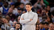 Oct 6, 2025; Fort Worth, Texas, USA; Oklahoma City Thunder head coach Mark Daigneault looks on during the game between the Dallas Mavericks and the Oklahoma City Thunder at Dickie's Arena. Mandatory Credit: Jerome Miron-Imagn Images