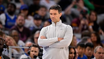 Oct 6, 2025; Fort Worth, Texas, USA; Oklahoma City Thunder head coach Mark Daigneault looks on during the game between the Dallas Mavericks and the Oklahoma City Thunder at Dickie's Arena. Mandatory Credit: Jerome Miron-Imagn Images