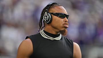 Sep 14, 2025; Minneapolis, Minnesota, USA; Minnesota Vikings wide receiver Justin Jefferson (18) warms up before the game against the Atlanta Falcons at U.S. Bank Stadium. Mandatory Credit: Jeffrey Becker-Imagn Images