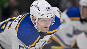 Mar 2, 2025; Dallas, Texas, USA; St. Louis Blues defenseman Colton Parayko (55) during the game between the Dallas Stars and the St. Louis Blues at the American Airlines Center. Mandatory Credit: Jerome Miron-Imagn Images