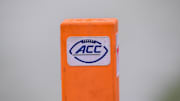 Sep 6, 2025; Dallas, Texas, USA; A view of the ACC logo on an end zone pylon during the game between the SMU Mustangs and the Baylor Bears at Gerald J. Ford Stadium. Mandatory Credit: Jerome Miron-Imagn Images