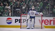 May 11, 2025; Dallas, Texas, USA; Winnipeg Jets goaltender Connor Hellebuyck (37) looks on during the game between the Dallas Stars and the Winnipeg Jets in game three of the second round of the 2025 Stanley Cup Playoffs at American Airlines Center. Mandatory Credit: Jerome Miron-Imagn Images