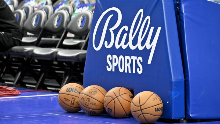 Feb 28, 2023; Dallas, Texas, USA; A view of the Bally Sports logo and NBA basketballs during warmups before the game between the Dallas Mavericks and the Indiana Pacers at the American Airlines Center. Mandatory Credit: Jerome Miron-USA TODAY Sports