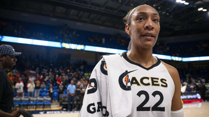 Sep 29, 2023; Arlington, Texas, USA; Las Vegas Aces forward A'ja Wilson (22) walks off the court after the Aces victory over the Dallas Wings during game three of the 2023 WNBA Playoffs at College Park Center. Mandatory Credit: Jerome Miron-USA TODAY Sports