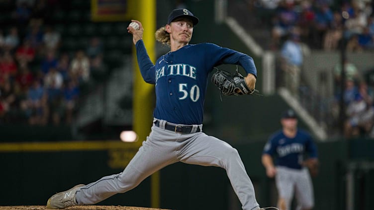 Sep 22, 2023; Arlington, Texas, USA;Seattle Mariners starting pitcher Bryce Miller (50) bats against