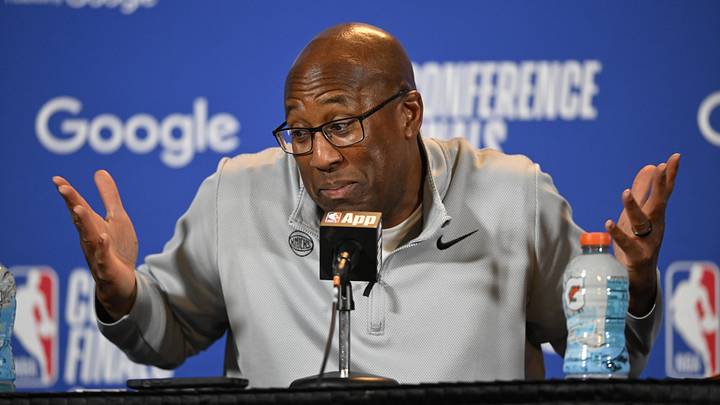 May 23, 2026; Cleveland, Ohio, USA; New York Knicks head coach Mike Brown speaks to media after game three of the eastern conference finals for the 2026 NBA playoffs against the New York Knicks at Rocket Arena. Mandatory Credit: David Richard-Imagn Images