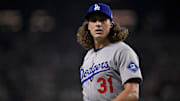 Apr 20, 2025; Arlington, Texas, USA; Los Angeles Dodgers starting pitcher Tyler Glasnow (31) comes off the field during the game between the Texas Rangers and the Los Angeles Dodgers at Globe Life Field. Mandatory Credit: Jerome Miron-Imagn Images