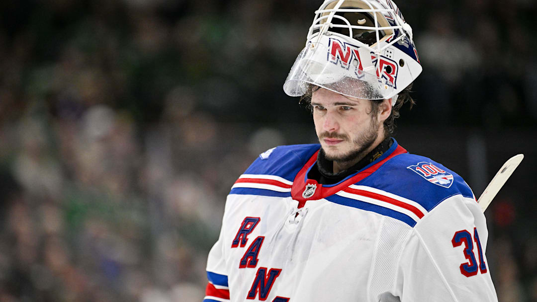 Apr 11, 2026; Dallas, Texas, USA; New York Rangers goaltender Igor Shesterkin (31) skates back on the ice during the second period against the Dallas Stars at the American Airlines Center. Mandatory Credit: Jerome Miron-Imagn Images
