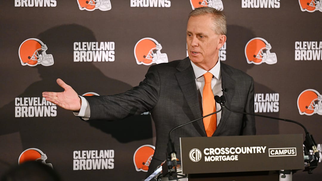 Feb 3, 2026; Berea, OH, USA; Cleveland Browns head coach Todd Monken speaks to the media during an introductory press conference at CrossCountry Mortgage Campus. Mandatory Credit: Ken Blaze-Imagn Images