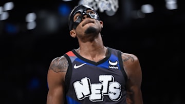Apr 3, 2024; Brooklyn, New York, USA; Brooklyn Nets center Nic Claxton (33) wears a protective mask during the first quarter against the Indiana Pacers at Barclays Center. Mandatory Credit: John Jones-Imagn Images