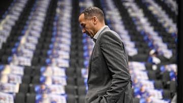 Feb 10, 2025; Dallas, Texas, USA; Dallas Mavericks general manager Nico Harrison walks off the court before the game between the Dallas and the Sacramento Kings at the American Airlines Center. Mandatory Credit: Jerome Miron-Imagn Images