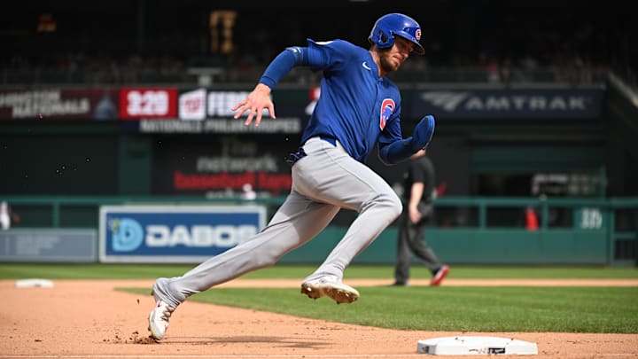 Sep 1, 2024; Washington, District of Columbia, USA; Chicago Cubs center fielder Cody Bellinger (24) rounds third base against the Washington Nationals during the seventh inning at Nationals Park. Mandatory Credit: Rafael Suanes-Imagn Images