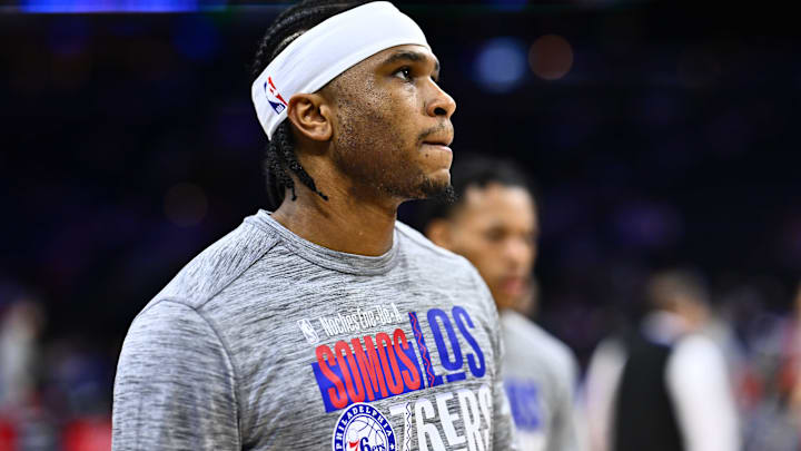 Philadelphia 76ers guard Ricky Council IV (16) warms up before the game against the New Orleans Pelicans.