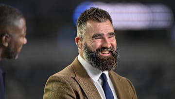 Nov 3, 2025; Arlington, Texas, USA; Monday Night Football commentator Jason Kelce before the game between the Dallas Cowboys and the Arizona Cardinals at AT&T Stadium. Mandatory Credit: Jerome Miron-Imagn Images