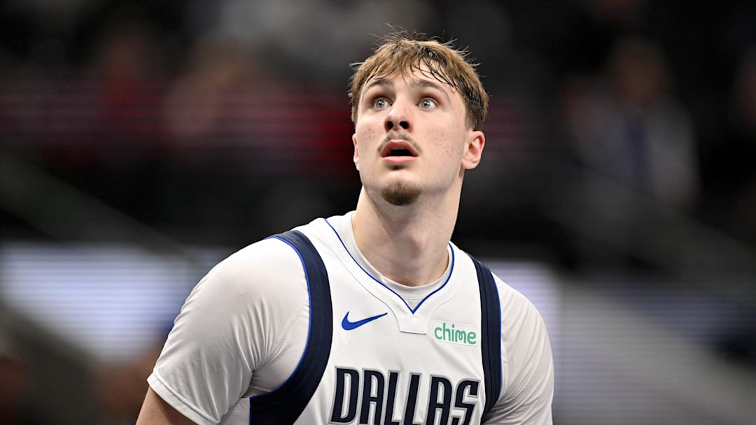 Feb 5, 2026; Dallas, Texas, USA; Dallas Mavericks forward Cooper Flagg (32) looks on during the second half against the San Antonio Spurs at the American Airlines Center. Mandatory Credit: Jerome Miron-Imagn Images
