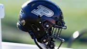 A detail view of a Purdue Boilermakers helmet on the sideline