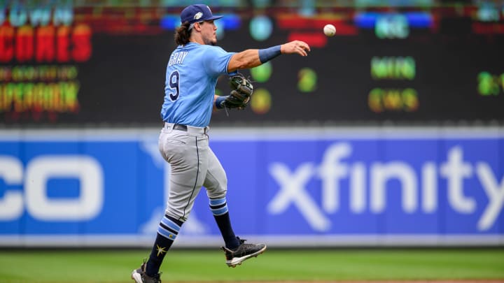 Sep 17, 2023; Baltimore, Maryland, USA; Tampa Bay Rays third baseman Tristan Gray (9) throws to first base during the sixth inning against the Baltimore Orioles at Oriole Park at Camden Yards. Mandatory Credit: Reggie Hildred-USA TODAY Sports