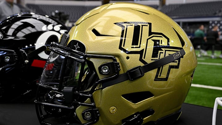 Jul 12, 2023; Arlington, TX, USA; A view of the UCF Knights helmet and logo during Big 12 football media day at AT&T Stadium. 
