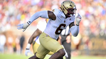 Nov 16, 2024; Dallas, Texas, USA; Boston College Eagles defensive end Donovan Ezeiruaku (6) rushes against the SMU Mustangs offense during the first half at the Gerald J. Ford Stadium. Mandatory Credit: Jerome Miron-Imagn Images