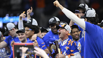 Mar 29, 2025; San Francisco, CA, USA; Florida Gators head coach Todd Golden celebrates after defeating the Texas Tech Red Raiders during the West Regional final of the 2025 NCAA tournament at Chase Center. Mandatory Credit: Eakin Howard-Imagn Images