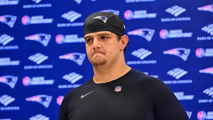 May 9, 2025; Foxborough, MA, USA; New England Patriots offensive tackle Will Campbell (66) speaks to the media after rookie camp at Gillette Stadium. Mandatory Credit: Eric Canha-Imagn Images