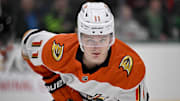 Mar 18, 2025; Dallas, Texas, USA; Anaheim Ducks center Trevor Zegras (11) during the first period against the Dallas Stars at the American Airlines Center. Mandatory Credit: Jerome Miron-Imagn Images