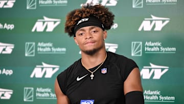 Jun 11, 2025; Florham Park, NY, USA; New York Jets quarterback Justin Fields (7) speaks at a press conference during minicamp at Atlantic Health Jets Training Center. Mandatory Credit: John Jones-Imagn Images
