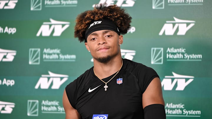 Jun 11, 2025; Florham Park, NY, USA; New York Jets quarterback Justin Fields (7) speaks at a press conference during minicamp at Atlantic Health Jets Training Center. Mandatory Credit: John Jones-Imagn Images