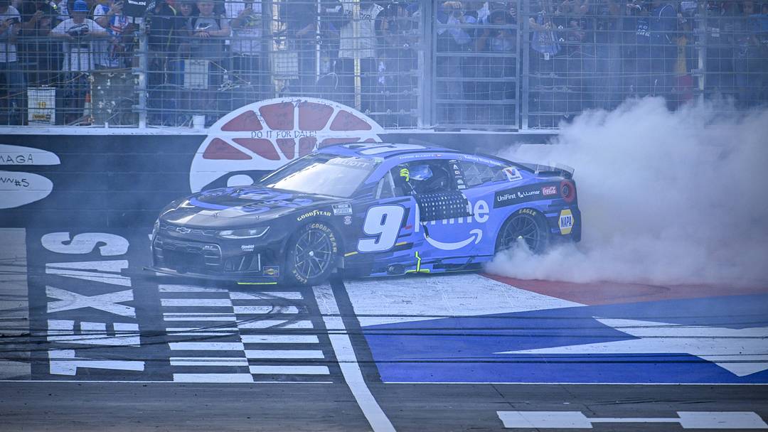 May 3, 2026; Fort Worth, Texas, USA; Hendrick Motorsports driver Chase Elliott (9) celebrates after he wins the 2026 Wurth 400 cup race at Texas Motor Speedway.