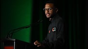 Oct 8, 2025; Charlotte, NC, USA; Miami head coach Jai Lucas answers questions from the media at The Hilton Charlotte Uptown. Mandatory Credit: William Howard-Imagn Images