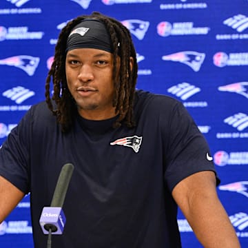 May 9, 2025; Foxborough, MA, USA; New England Patriots center Jared Wilson (58) speaks to the media after rookie camp at Gillette Stadium. Mandatory Credit: Eric Canha-Imagn Images