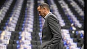 Feb 10, 2025; Dallas, Texas, USA; Dallas Mavericks general manager Nico Harrison walks off the court before the game between the Dallas and the Sacramento Kings at the American Airlines Center. Mandatory Credit: Jerome Miron-Imagn Images