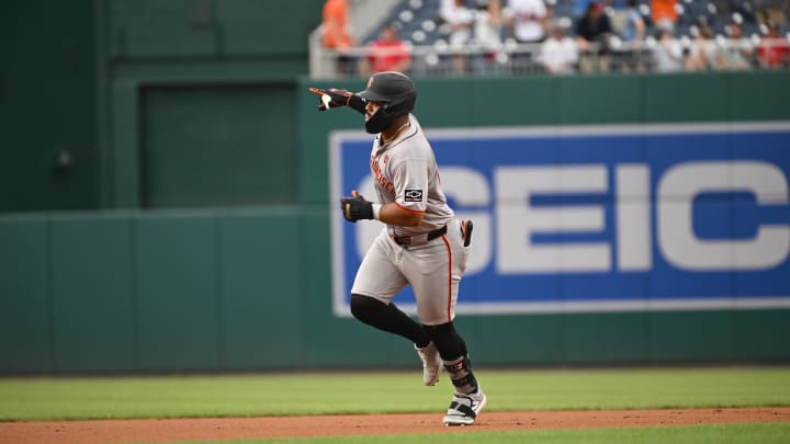 Aug 6, 2024; Washington, District of Columbia, USA; San Francisco Giants center fielder Heliot Ramos (17) gestures as he runs the bases after hitting a home run against the Washington Nationals during the first inning at Nationals Park.