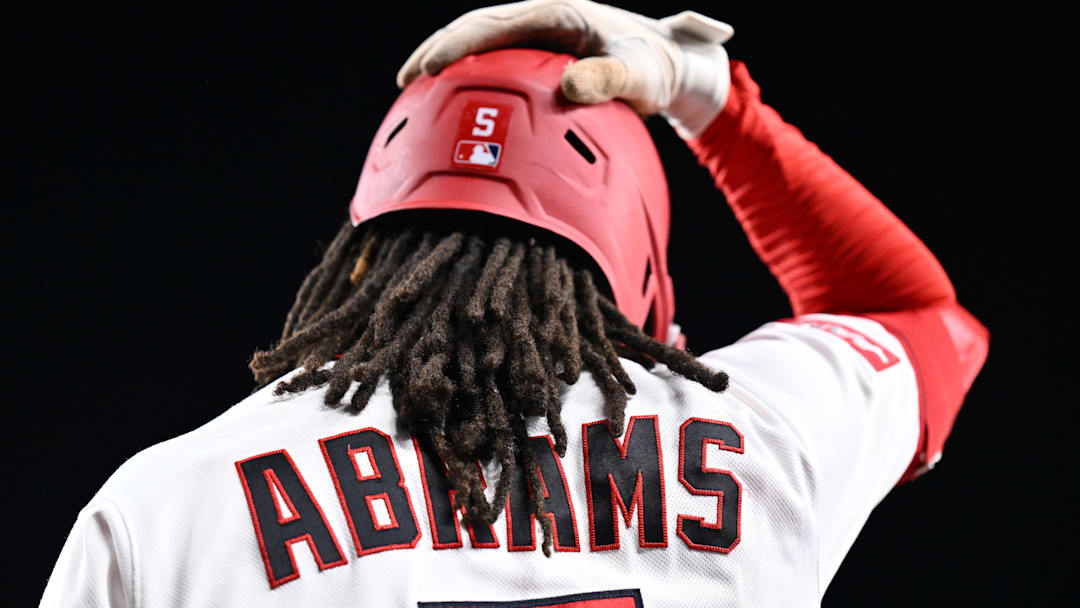 Apr 22, 2026; Washington, District of Columbia, USA;  Washington Nationals infielder CJ Abrams (5) warms up to bat in the seventh inning against the Atlanta Braves at Nationals Park. Mandatory Credit: Jamie Sabau-Imagn Images