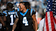 Nov 9, 2025; Charlotte, North Carolina, USA; Carolina Panthers wide receiver Tetairoa McMillan (4) during player introductions at Bank of America Stadium. Mandatory Credit: Bob Donnan-Imagn Images