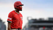 Jul 2, 2025; Washington, District of Columbia, USA; Washington Nationals left fielder James Wood (29) walks back to the dugout after striking out against the Detroit Tigers during the fifth inning at Nationals Park.