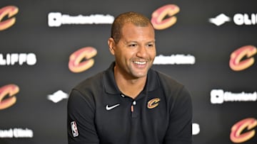 Sep 14, 2022; Cleveland, OH, USA; Cleveland Cavaliers president of basketball operations Koby Altman speaks to the media during an introductory press conference at Rocket Mortgage FieldHouse. Mandatory Credit: David Richard-Imagn Images