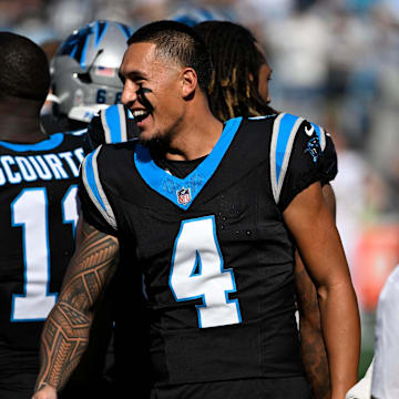 Nov 9, 2025; Charlotte, North Carolina, USA; Carolina Panthers wide receiver Tetairoa McMillan (4) during player introductions at Bank of America Stadium. Mandatory Credit: Bob Donnan-Imagn Images